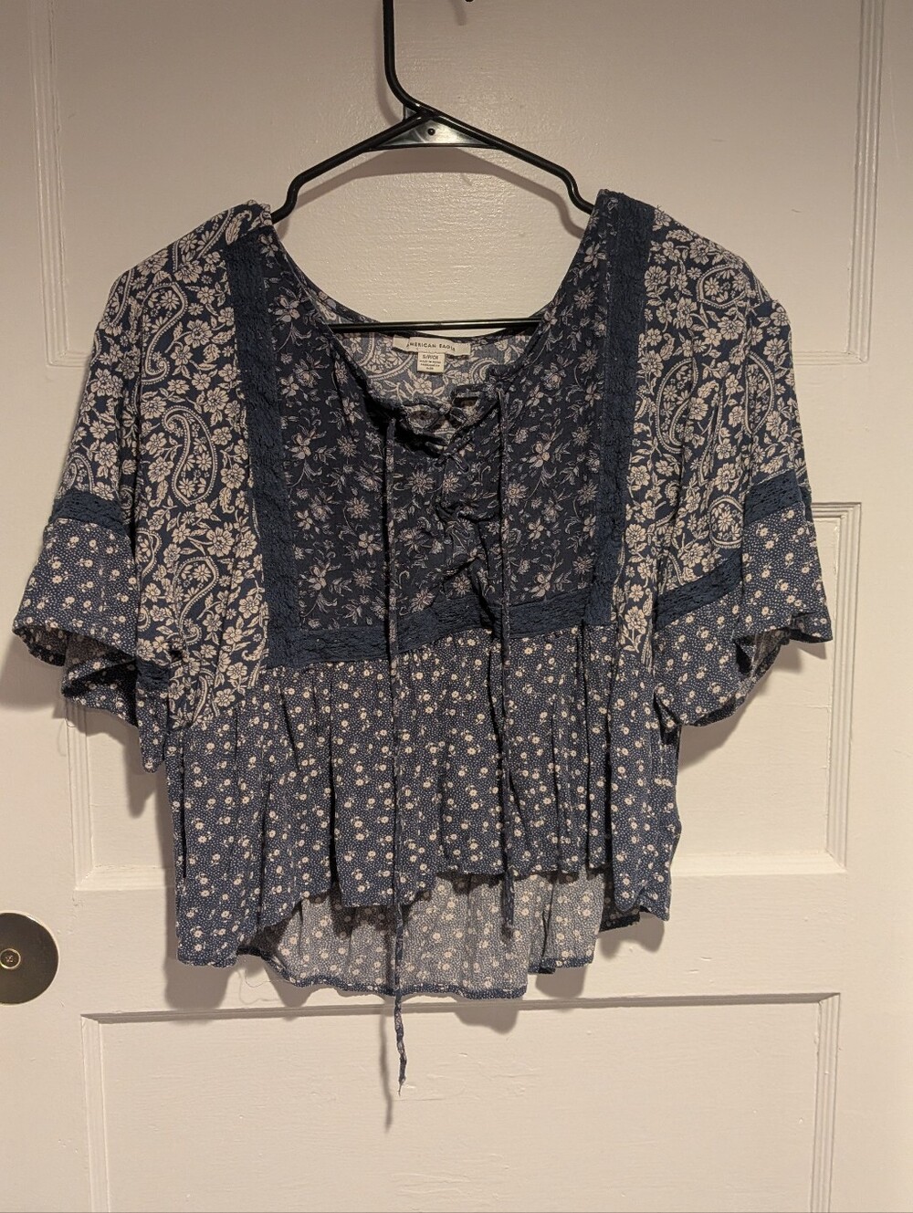 American Eagle Cropped Boho Blue Floral Patchwork Peasant Top